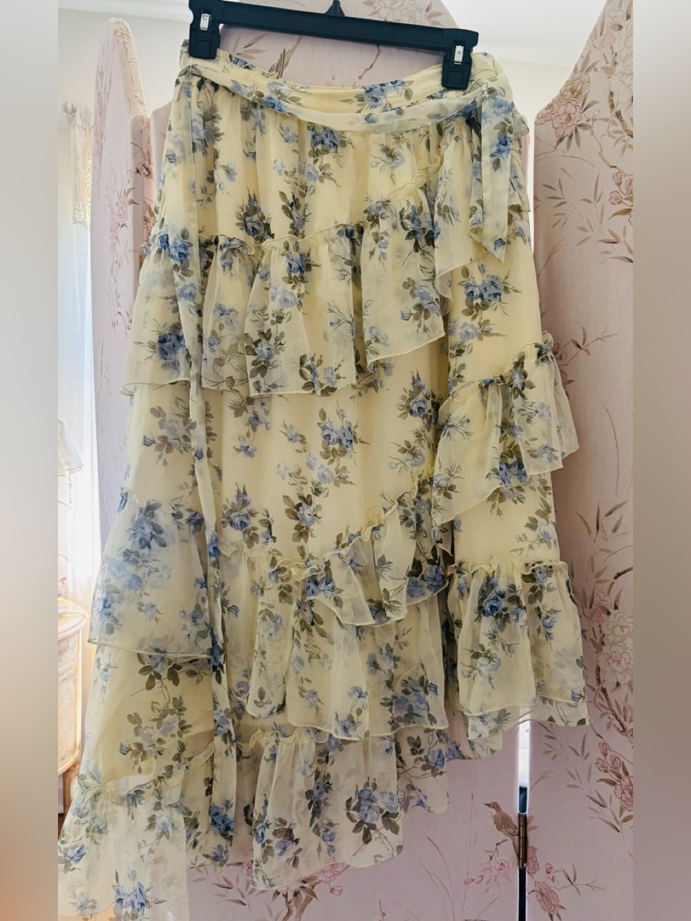 Abercrombie & Fitch Yellow Floral Ruffle Midi Skirt